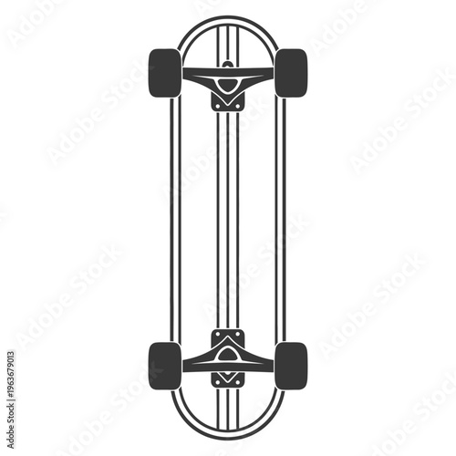 Overhead view shows a simple skateboard with a symmetrical design