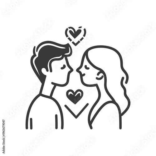 Silhouette illustration of loving couple gazing into each others eyes with hearts