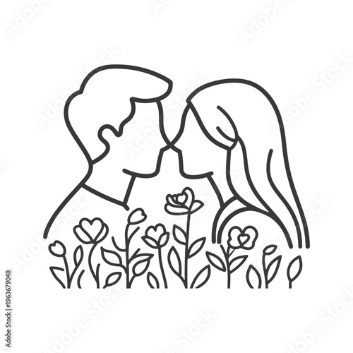 An outlined image portrays a couple about to share a kiss