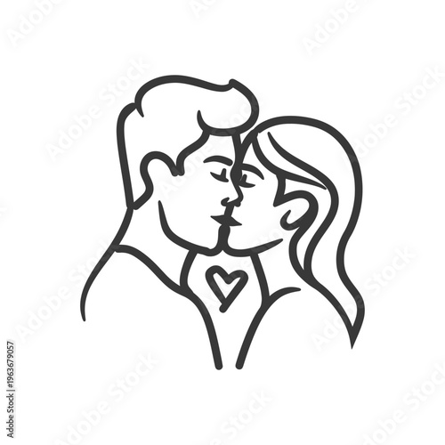 A simple line drawing of two people kissing romantically