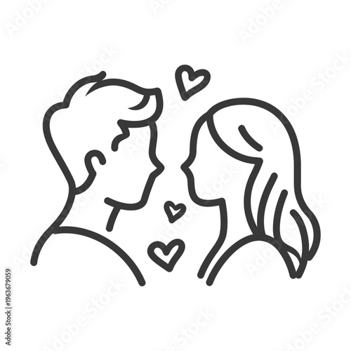 Simple black line drawing featuring a loving couple with hearts