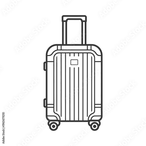 A black and white illustration of a wheeled travel suitcase