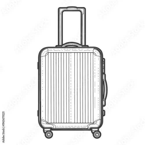 A stylized line drawing featuring a suitcase with wheels and a handle