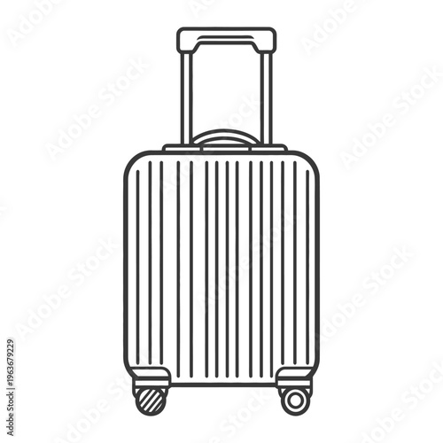 A black and white image depicts a wheeled suitcase for travel