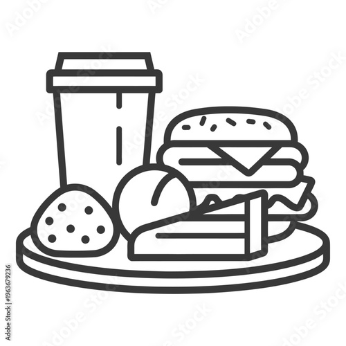 A monochromatic illustration of a fast food meal
