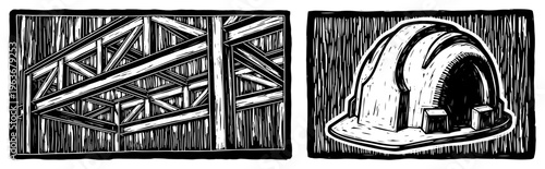 Construction site steel frame and safety hard hat in vintage woodcut style