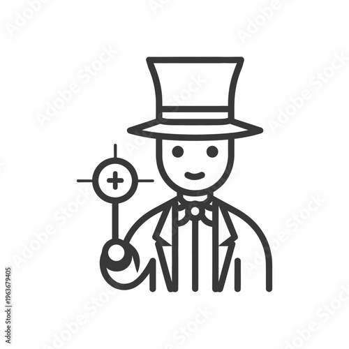 The cartoon man holds crosshairs while wearing a top hat