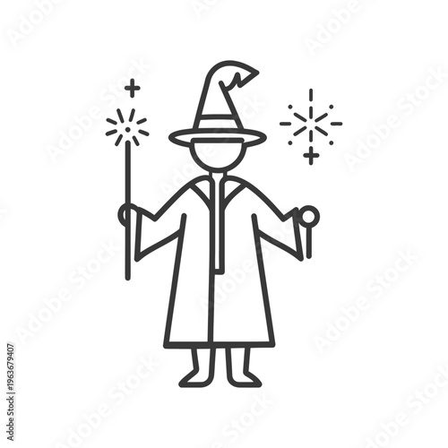 A cartoon wizard dressed for magic with staff and spells