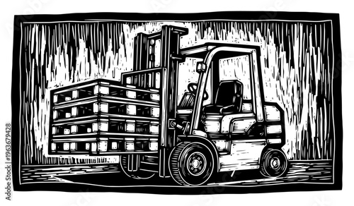 Industrial forklift truck carrying a wooden pallet in vintage linocut woodcut style
