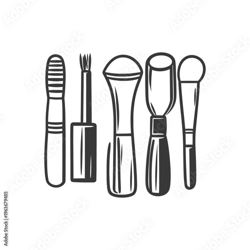 Several cosmetic tools are illustrated in a simplistic black and white style