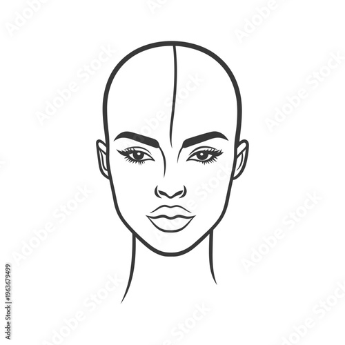 A symmetrical front view drawing of a human female face