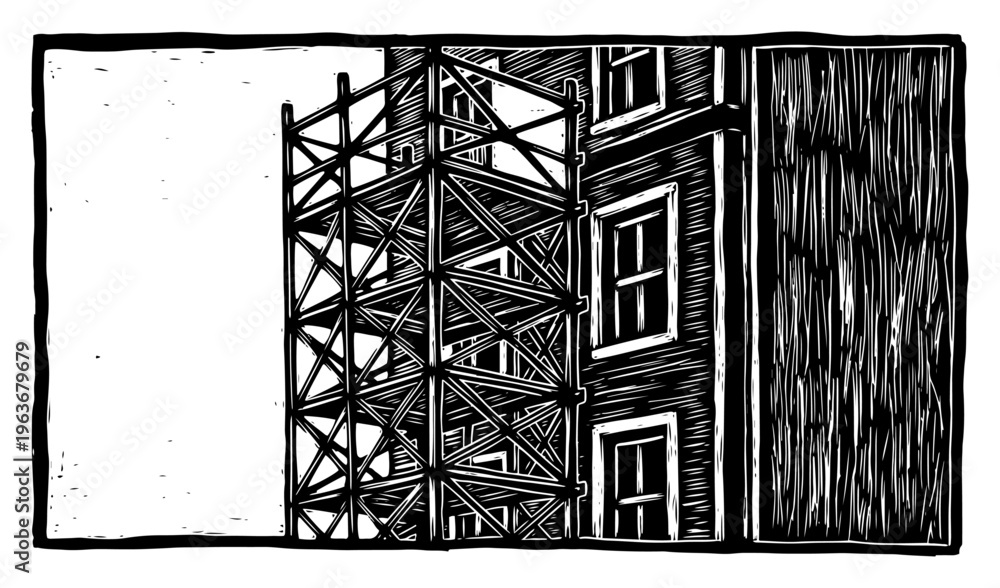 Fototapeta premium Construction scaffolding on a building facade in retro woodblock print style