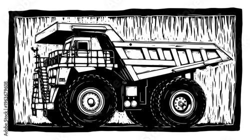 Large industrial mining dump truck in hand drawn linocut illustration style