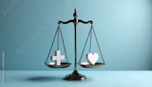 Scales of justice balance white medical cross and heart symbol. Symbolizes healthcare policy decisions legal choices and public health system evaluation. Fairness in medicine.