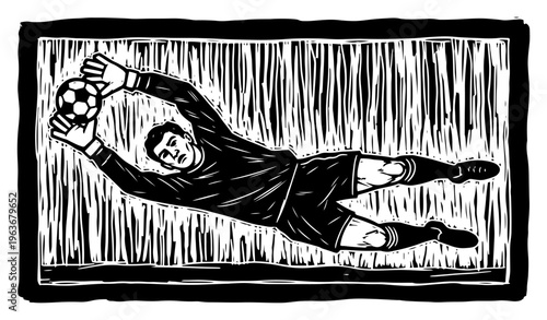 Professional goalkeeper diving to catch a soccer ball in linocut style