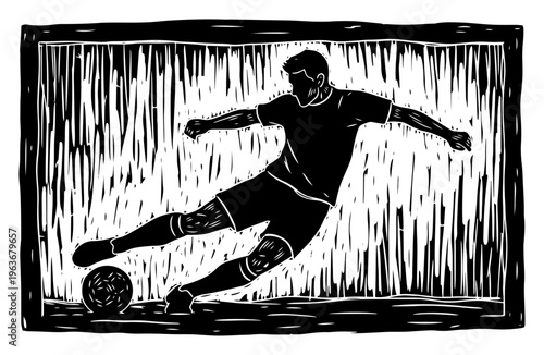 Soccer player kicking a ball during match in hand drawn linocut style
