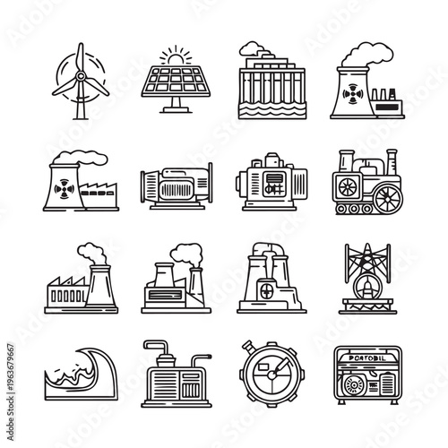Renewable and Industrial Energy Sources Icons Clean Outline Style Diverse Power Generation Concepts