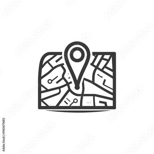 A simple map icon with location marker symbol on white background