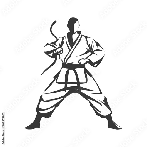 A monochrome silhouette of a martial artist in fighting stance