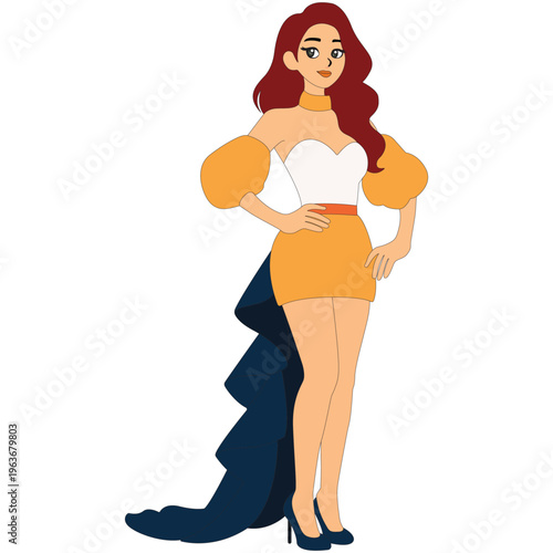 A digital illustration of a woman with long red hair posing in a white and orange dress with a long train. 