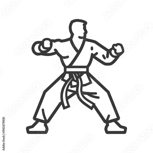 An outlined person in martial arts uniform takes a fighting stance