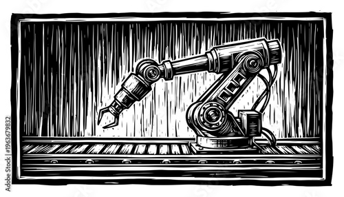 Industrial robotic arm on assembly line conveyor belt in retro woodcut style