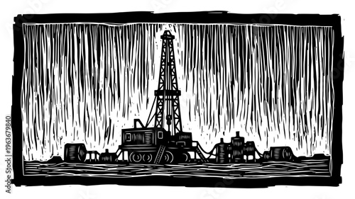 Land based oil drilling rig derrick in classic woodblock print style