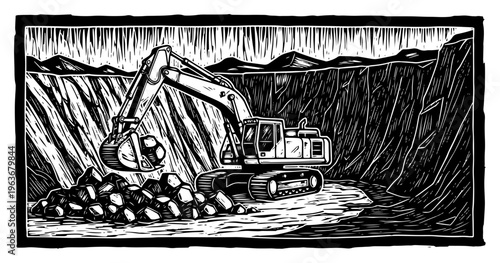 Industrial excavator digging rocks in a stone quarry vintage linocut style