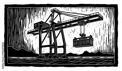 Port container crane lifting cargo in industrial harbor woodcut style