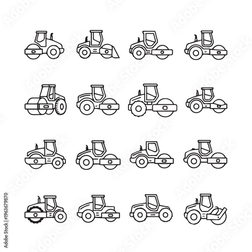 Road Roller Icons Set Different Types of Compactor Vehicles Construction Equipment Line Art Isolated on White