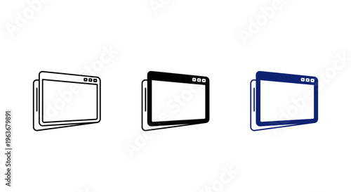 Browser Window and Web Interface Icon Set with Overlapping Screens for Software Development, Multi-Tab Browsing, and CMS Dashboard Layouts - Vector Illustration