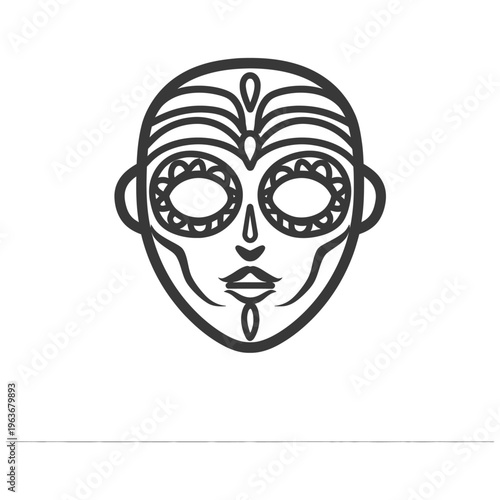 A simple lined tribal mask featuring symmetrical patterns and details