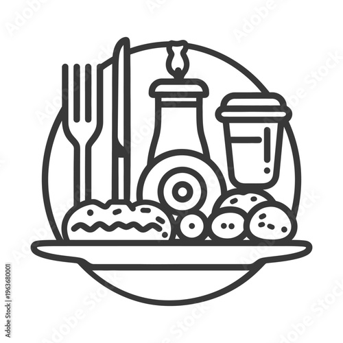 Simple black and white illustration of a meal setting on a plate