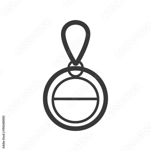 A simplistic circular emblem with a handle design and line