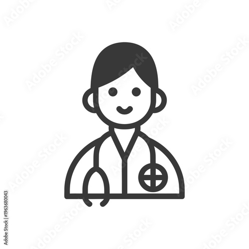 A simple icon illustration showing a smiling medical professional with stethoscope