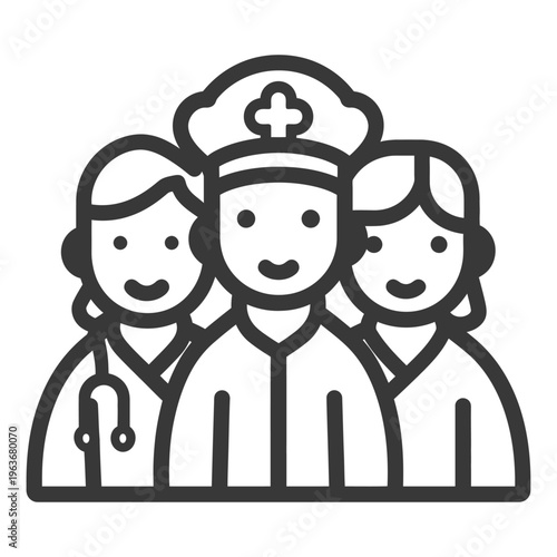 Three smiling medical professionals stand together in a group