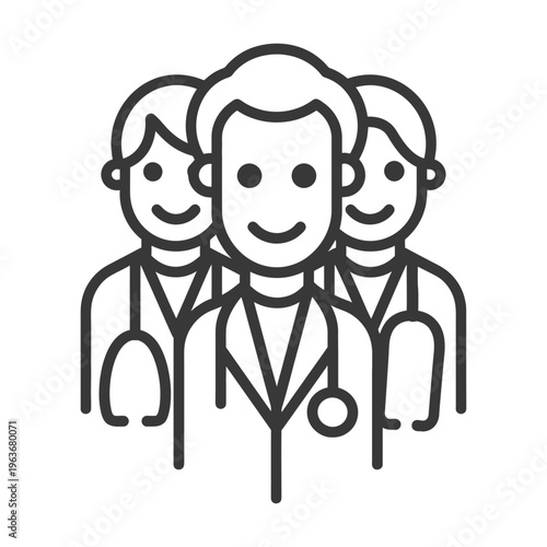 Group of smiling medical professionals wearing lab coats and stethoscopes