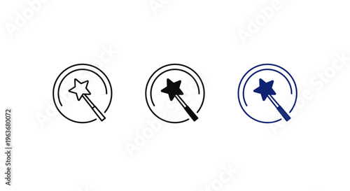 Magic Wand Icon Set with Star Sparkle and Circle Frame for AI Photo Editing, Creative Enhancements, and Wizardry Tools - Vector Illustration