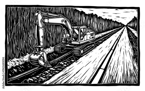 Heavy excavator working on a new road construction in linocut style