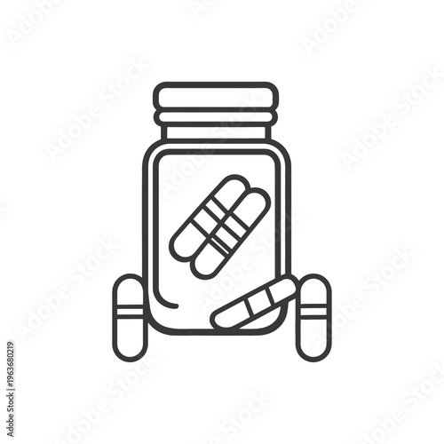 A line art depiction of medicine capsules and a bottle