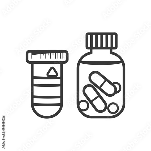 A black and white illustration of medication and its containers