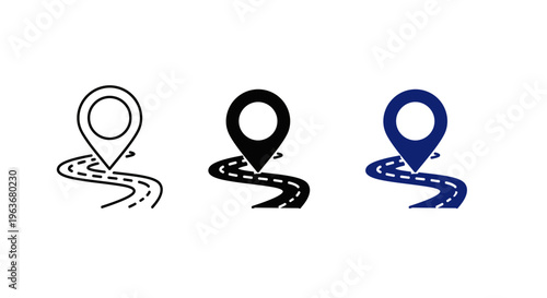 Road Trip Route with Map Pin Icon Set, Navigation Marker and Winding Path Symbols for Logistics, Delivery, and Travel Planning (Outline, Glyph, and Navy Blue Styles)