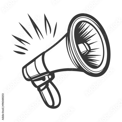 A black and white drawing of a vintage megaphone