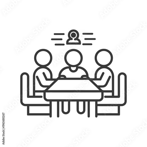 Three people sit around a table in a formal meeting
