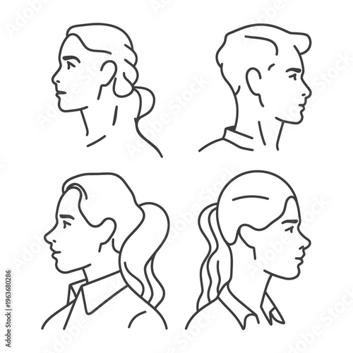 Four human profile illustrations depicting diverse hairstyles and appearances