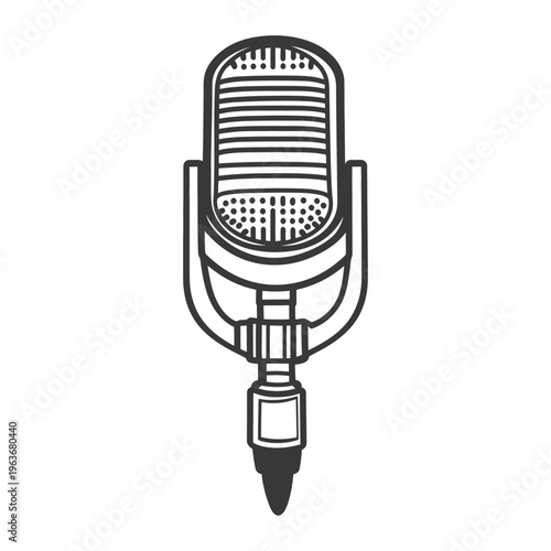 A vintage microphone depicted in a simple black and white style