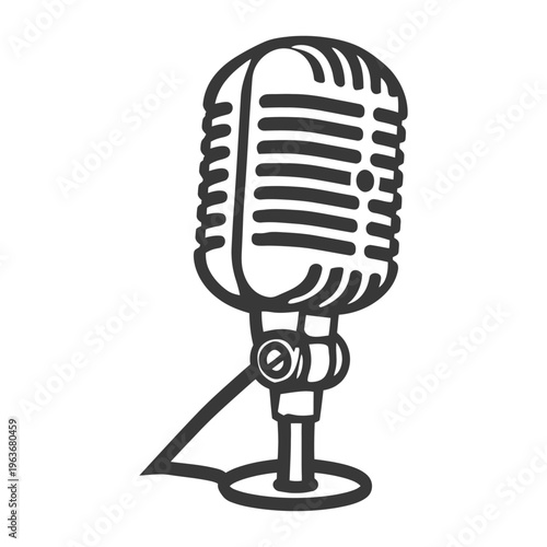 A stylized black and white drawing of a vintage microphone