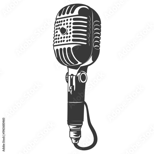 An illustration featuring a vintage style microphone in monochrome