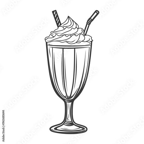 A tall glass of a milkshake with whipped cream and straws
