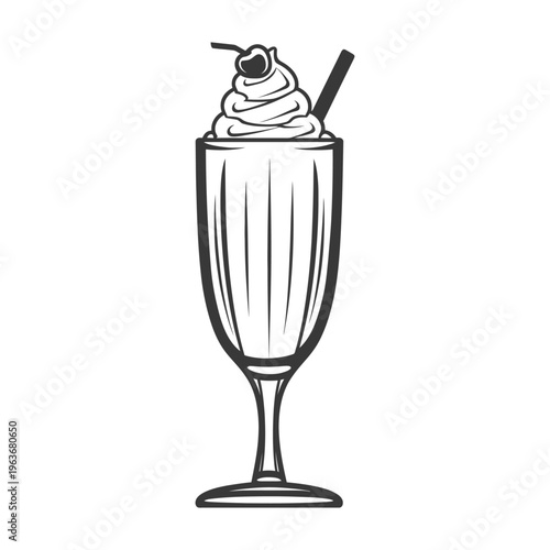 A tall glass of milkshake topped with whipped cream and cherry